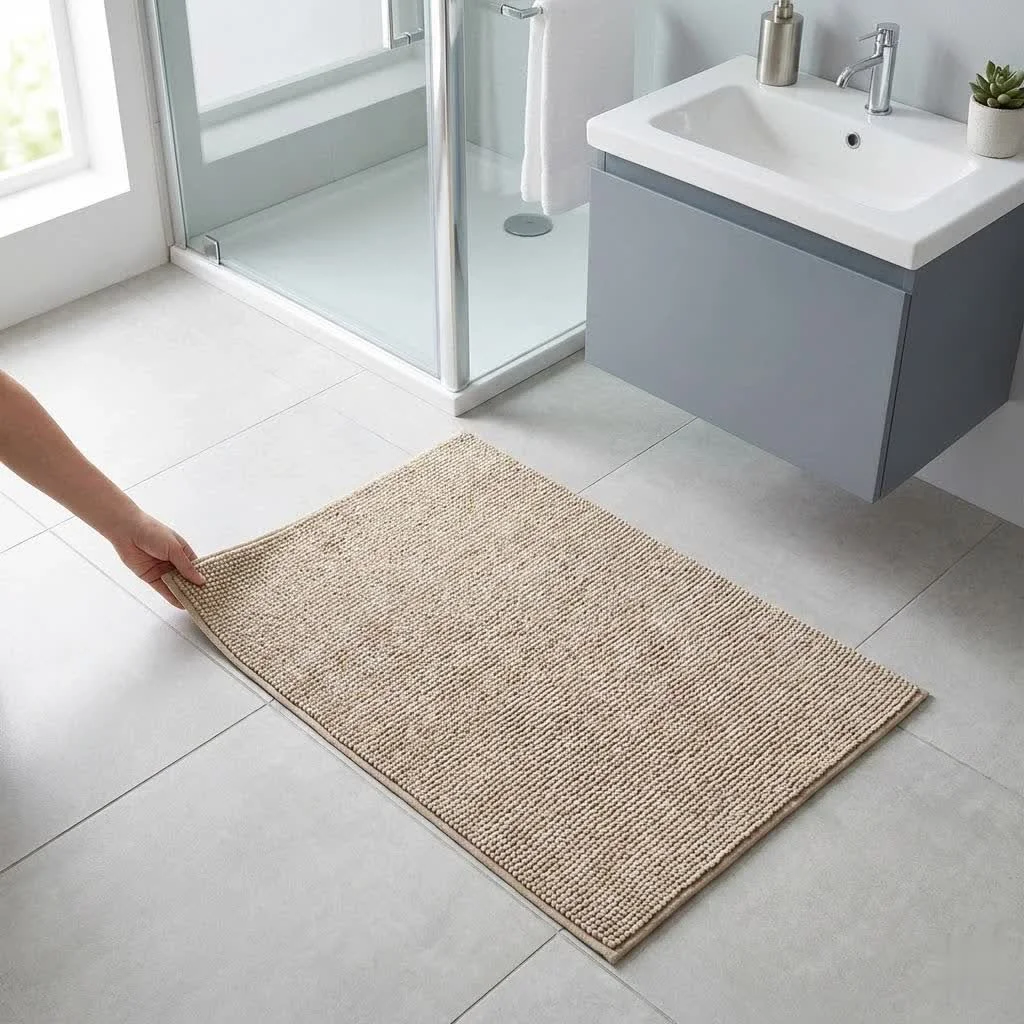 Close-up of a modern gray stone bath mat on a tiled bathroom floor