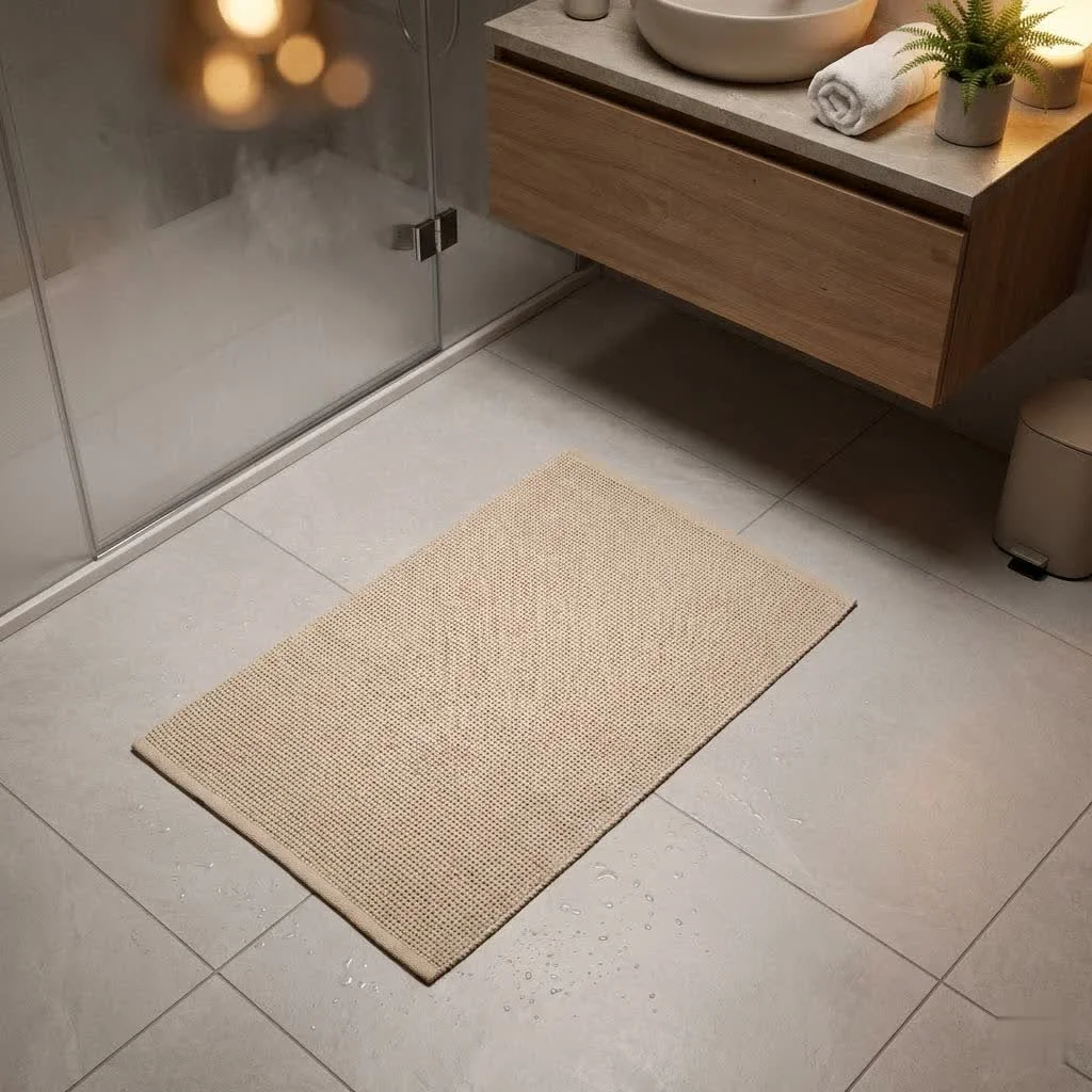 Half circle bath mat in a modern bathroom
