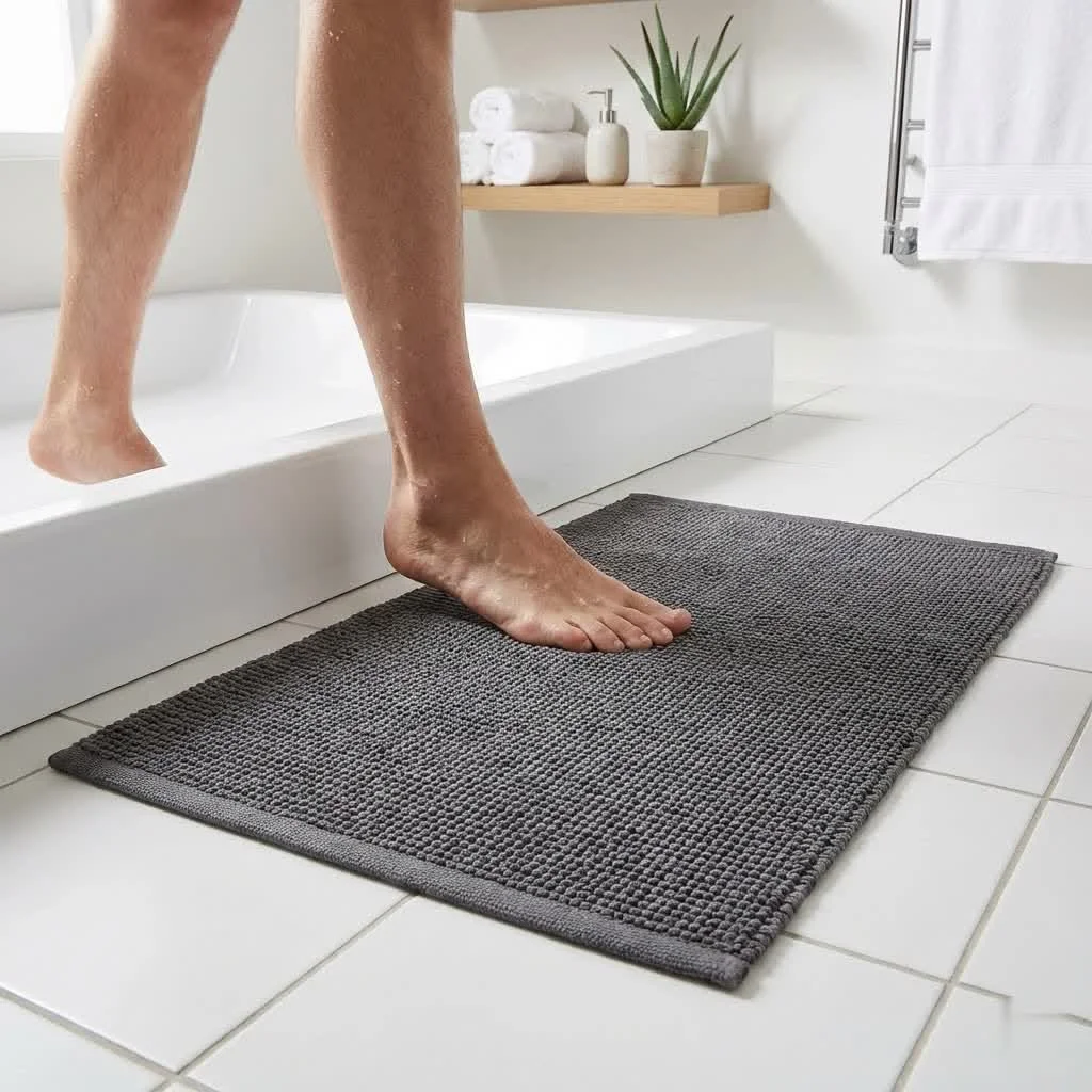 Skinny bath mat in a modern bathroom
