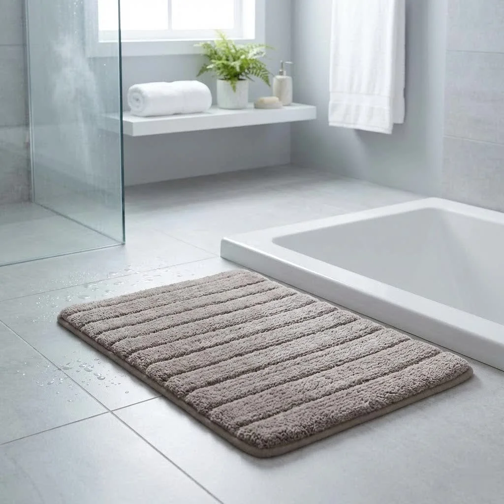 Plush chenille bath mat on a bathroom floor