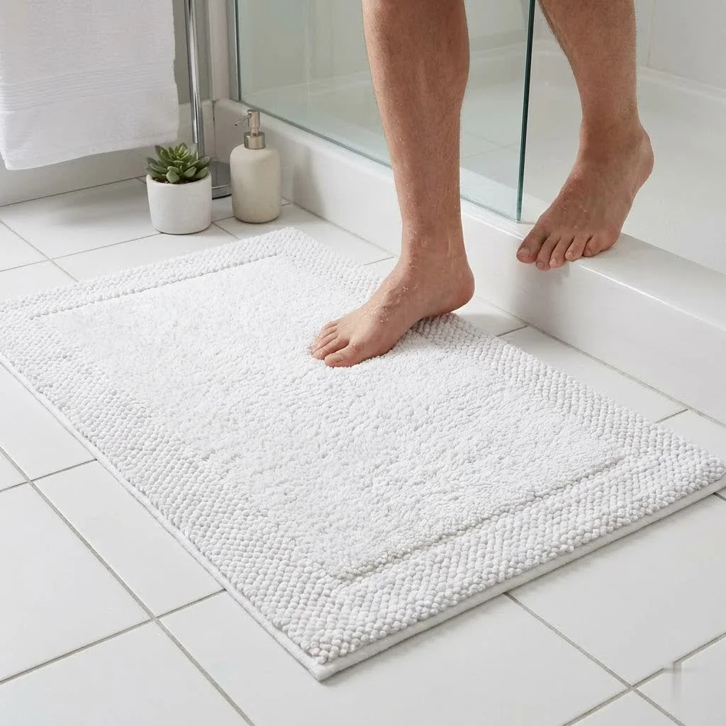 Elegant bamboo bath mat with slatted design in a modern bathroom