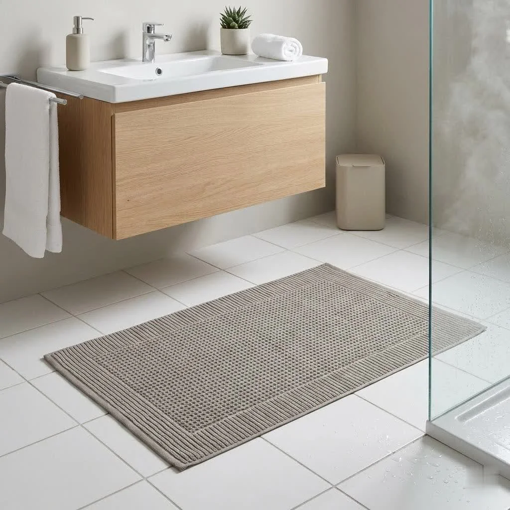 Modern bath mat in a contemporary bathroom setting