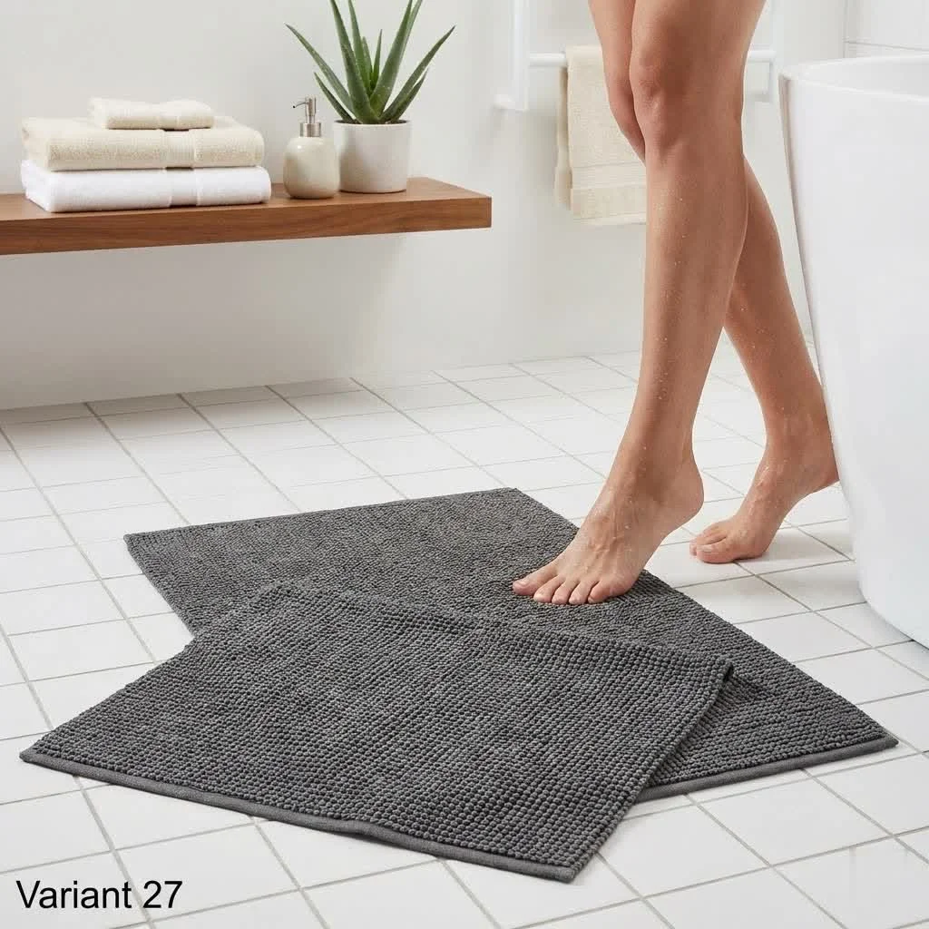 Absorbent bath mat on a clean bathroom floor