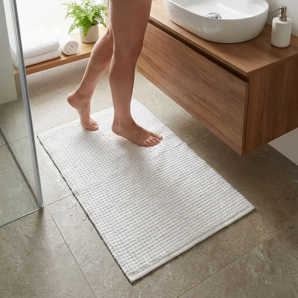 Large bath mat in a modern bathroom
