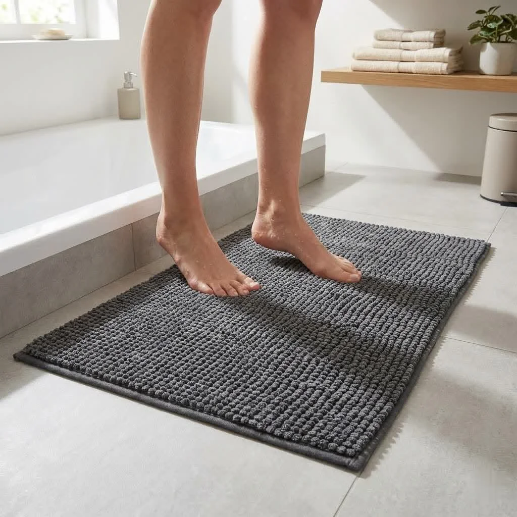 Plush extra long bath mat in a modern bathroom