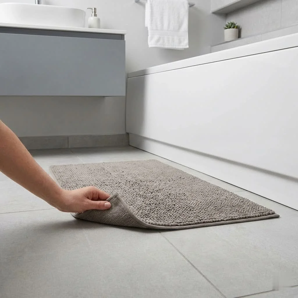 Plush square bath mat in a modern bathroom