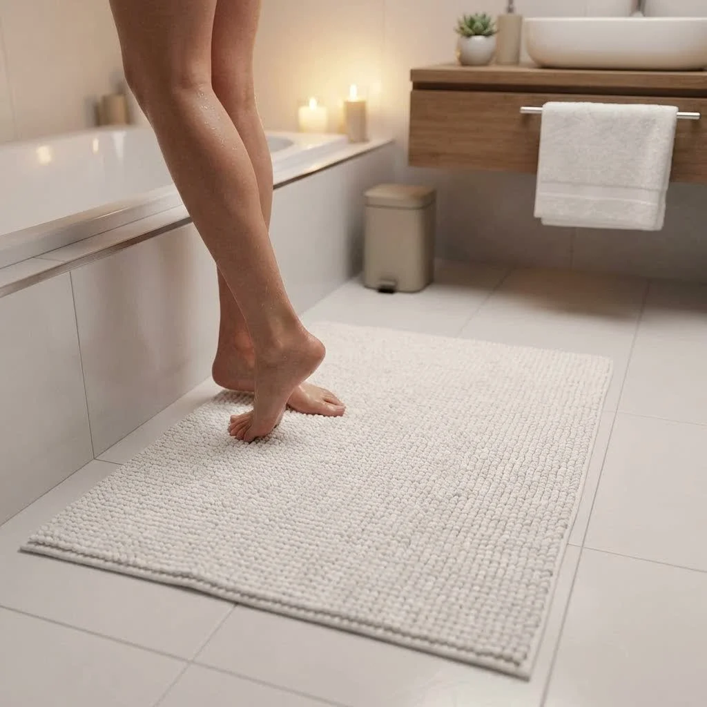 Close-up of a colorful, tufted Urban Outfitters bath mat