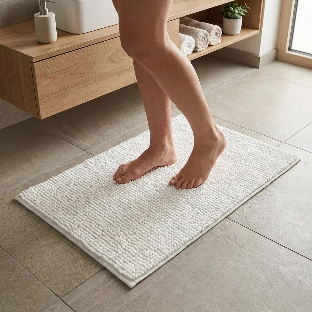 Close-up of a vibrant, multi-colored funky bath mat with abstract patterns